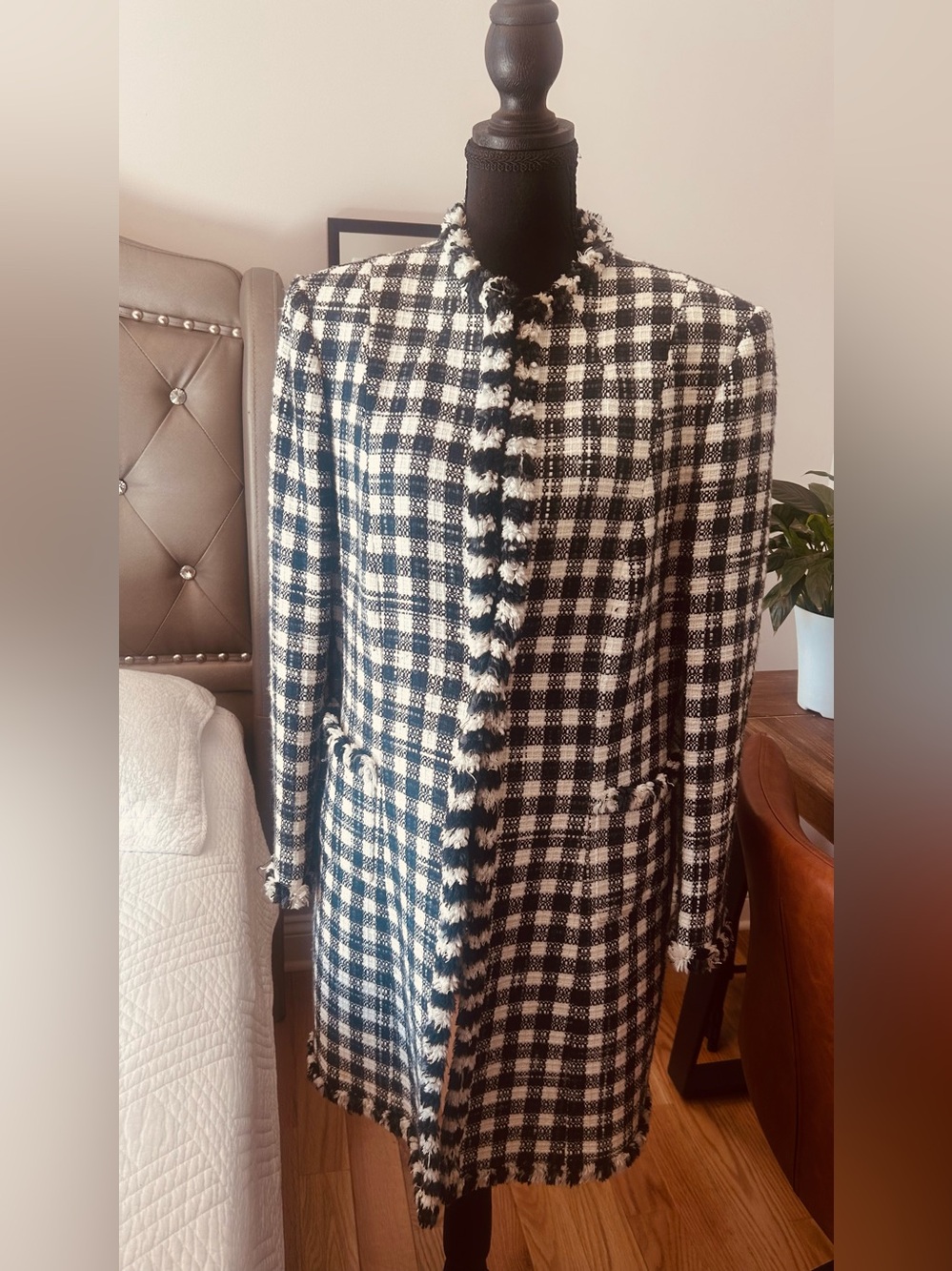 Men's Black & White Check Tweed Pea Coat